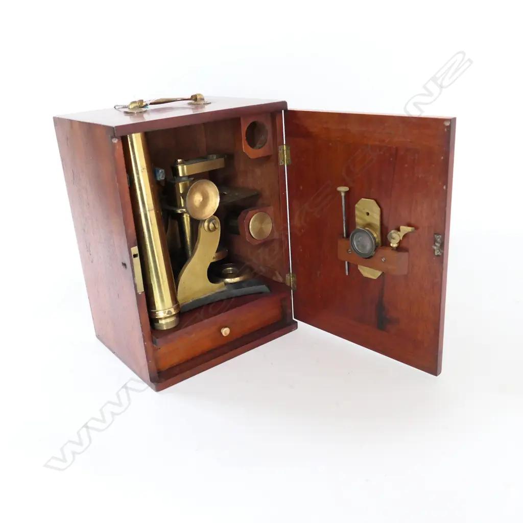 19thC BRASS MONOCULAR MICROSCOPE BY J. H. STEWARD 406 STRAND, LONDON. WITH MAHOG BOX Image 1++
